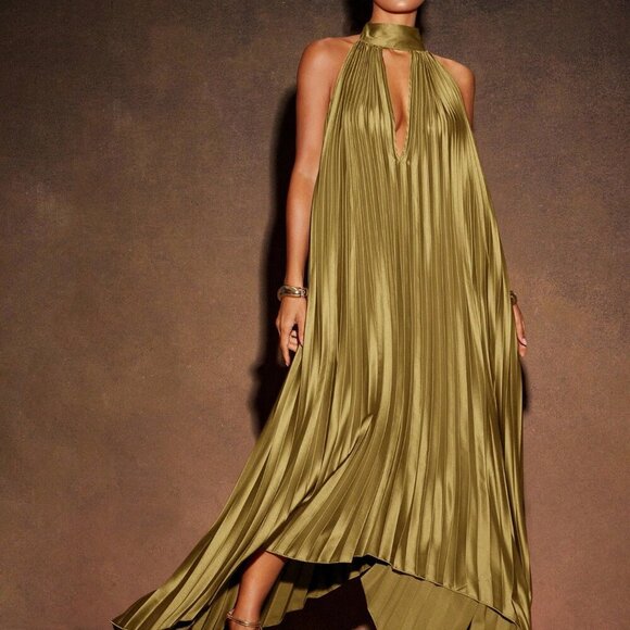 olive sexy Women's Elegant Pleated High Low Backless maxi dress - Picture 1 of 5